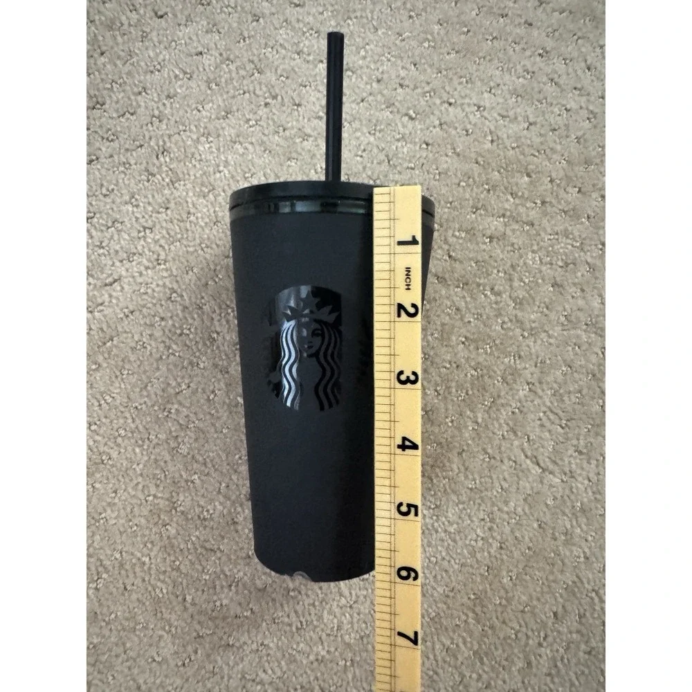 STARBUCKS Black Matte Cold Hot Cup Tumbler w/Straw & Logo 16 oz
